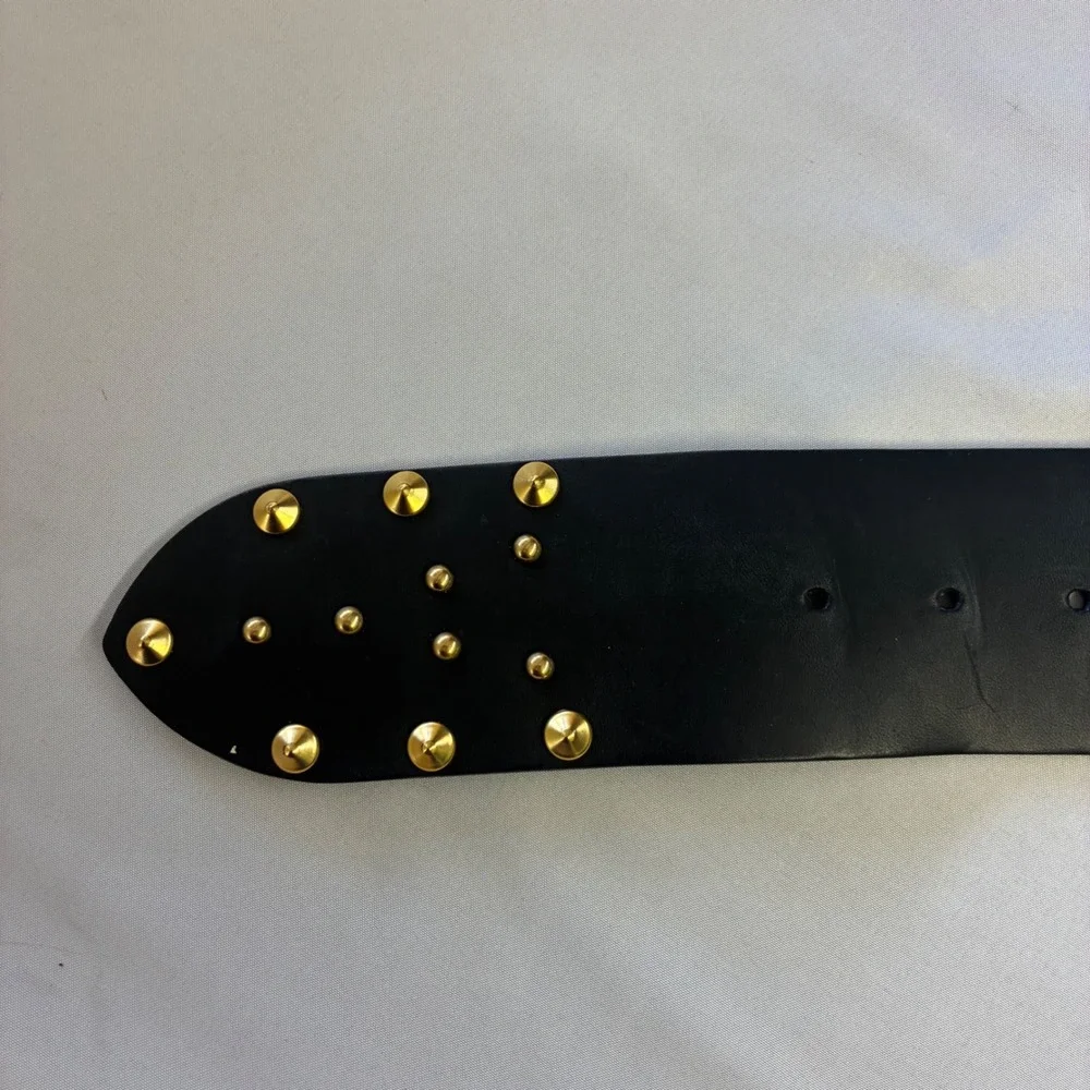 Carlisle Wide Studded Belt Womens M‎ Black Leather Gold Studs Made in Italy